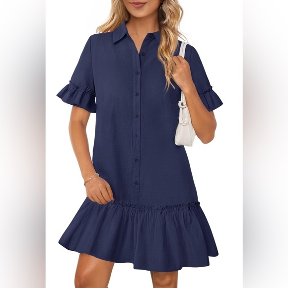 Merokeety Dresses & Skirts - Merokeety Button Down Shirt Dress Ruffle Sleeve Shift Navy Blue Women Size S NWT
